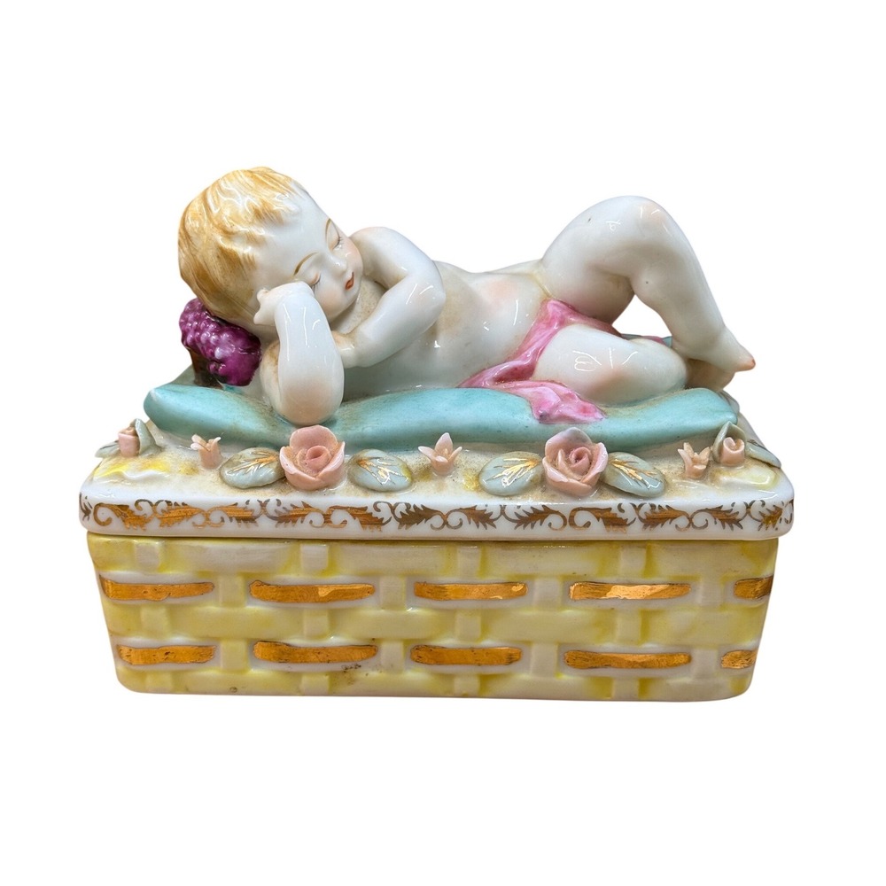 VTG 50s Hand Painted Cherub Trinket Box Betson China Japan Sleepng Baby Figurine